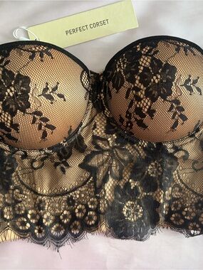 Perfect Corset Black Lace Longline Bustier Crop Top with Nude Lining